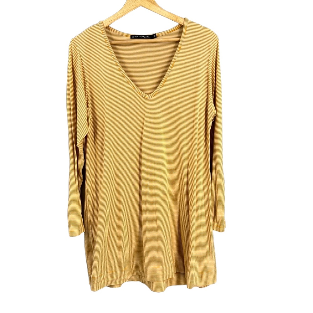Gudrun Sjoden Tunic Top Yellow V-Neck Stripes‎ Long Sleeve Lyocel Size Large
